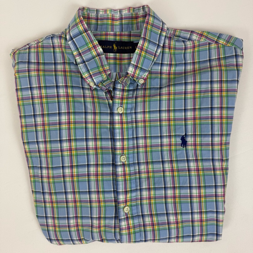 Ralph Lauren Plaid Oxford Long‎ Sleeve Button Down Shirt Size Large Green Blue